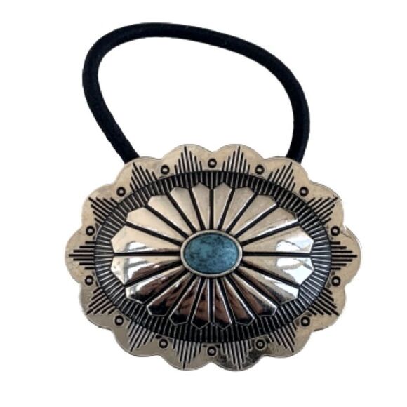 Western Cowgirl Concho Hair Tie, Silver & Faux Turquoise, Native American Style - Picture 3 of 10
